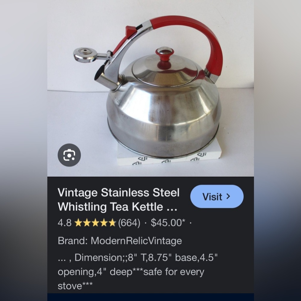 🍓Vintage  Whistling Kettle wi/ Red Silicone Handle Stainless Steel - Picture 3 of 3